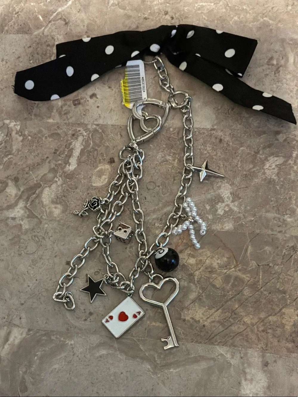 Purse Charm Keychain with Black Polka Dot Bow